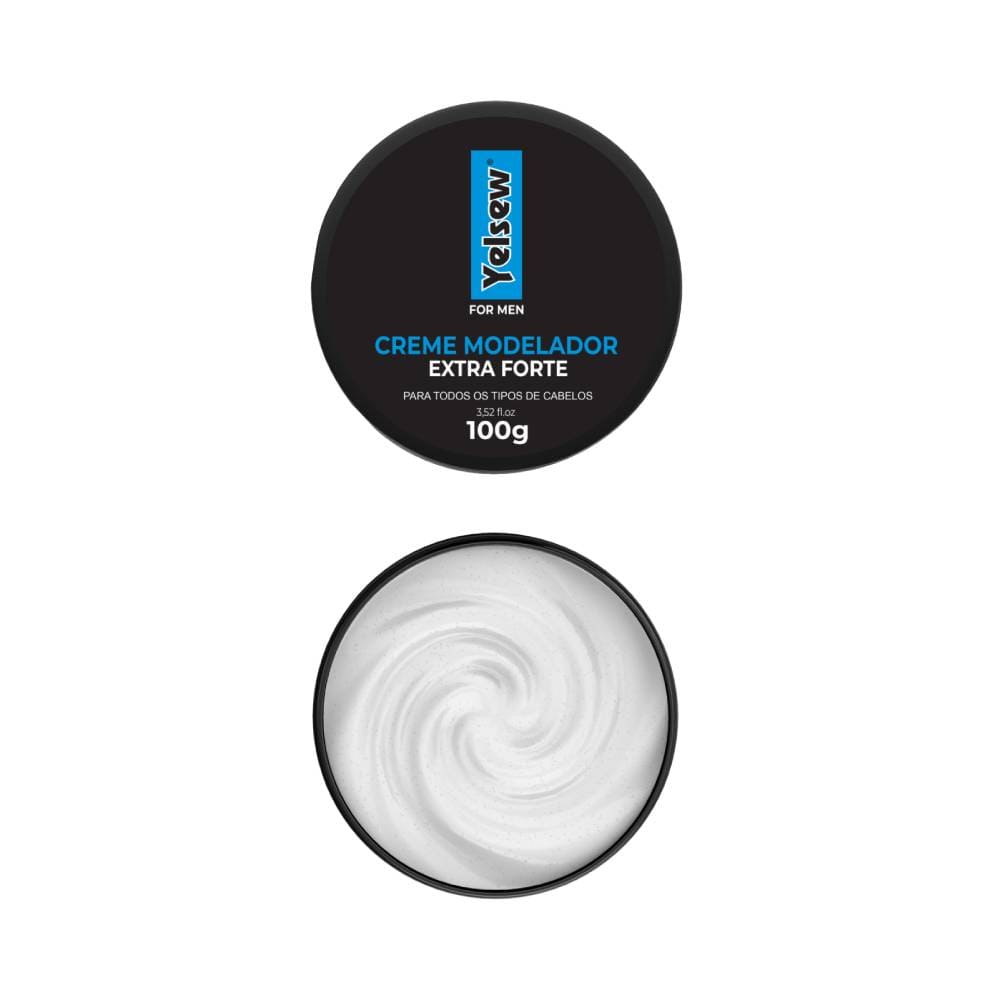 Visão superior da embalagem preta do Creme Modelador Yelsew Extra Forte 100g com creme branco no interior