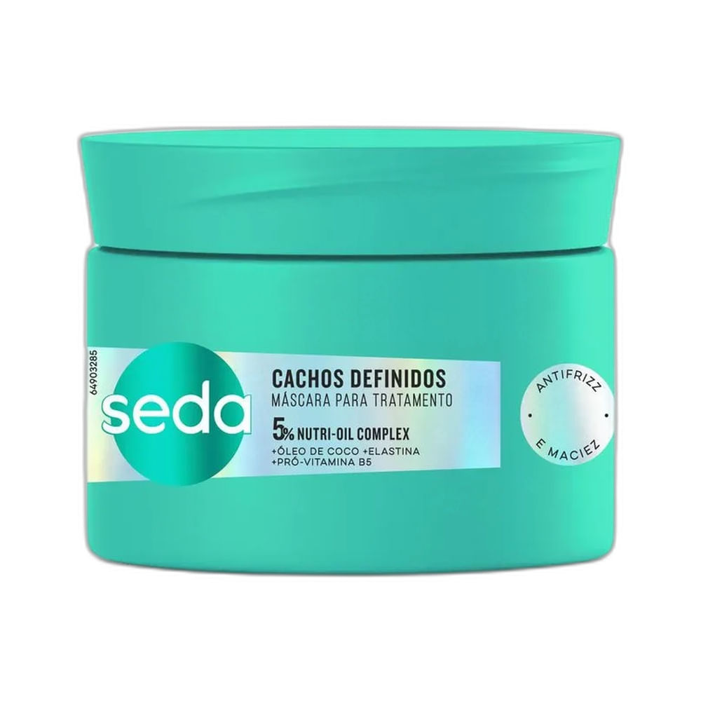 Pote verde água da Máscara de Tratamento Seda Cachos Definidos 300g com destaque para ingredientes Nutri-Oil Complex