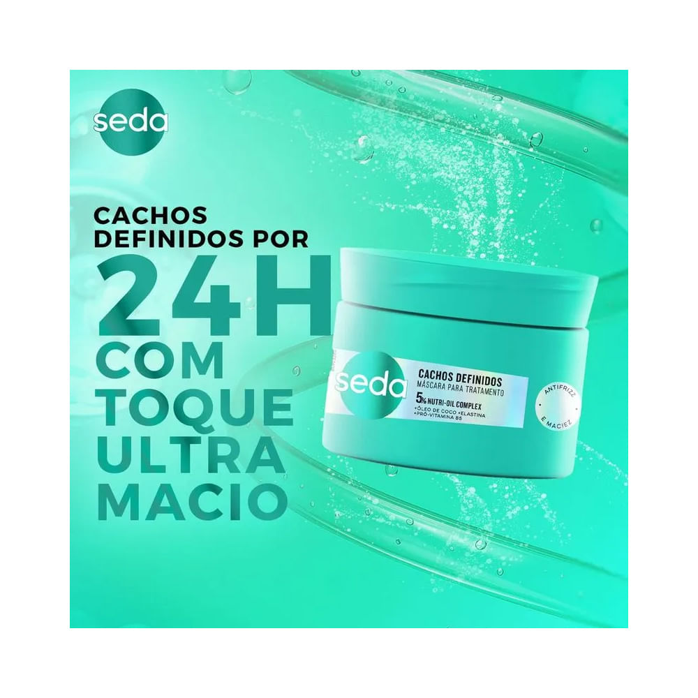 Máscara de Tratamento Seda Cachos Definidos 300g em pote verde água com textura de gel e fundo verde água