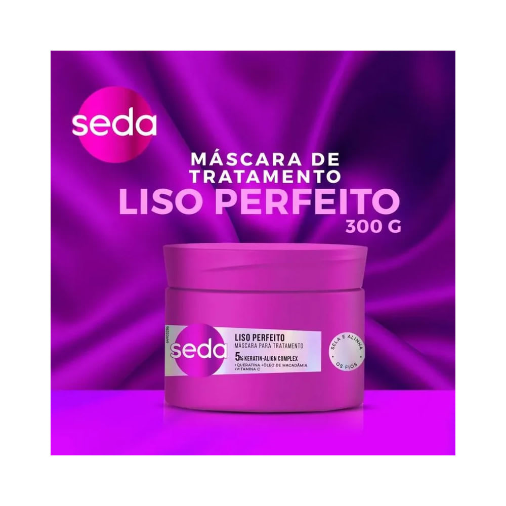 Máscara de Tratamento Seda Liso Perfeito 300g em destaque sobre fundo roxo