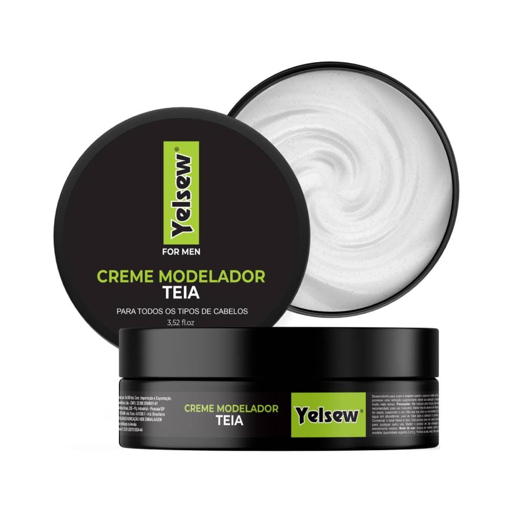 Creme Modelador Yelsew Teia 100g em embalagem preta redonda com tampa removível, creme branco visível dentro da embalagem aberta