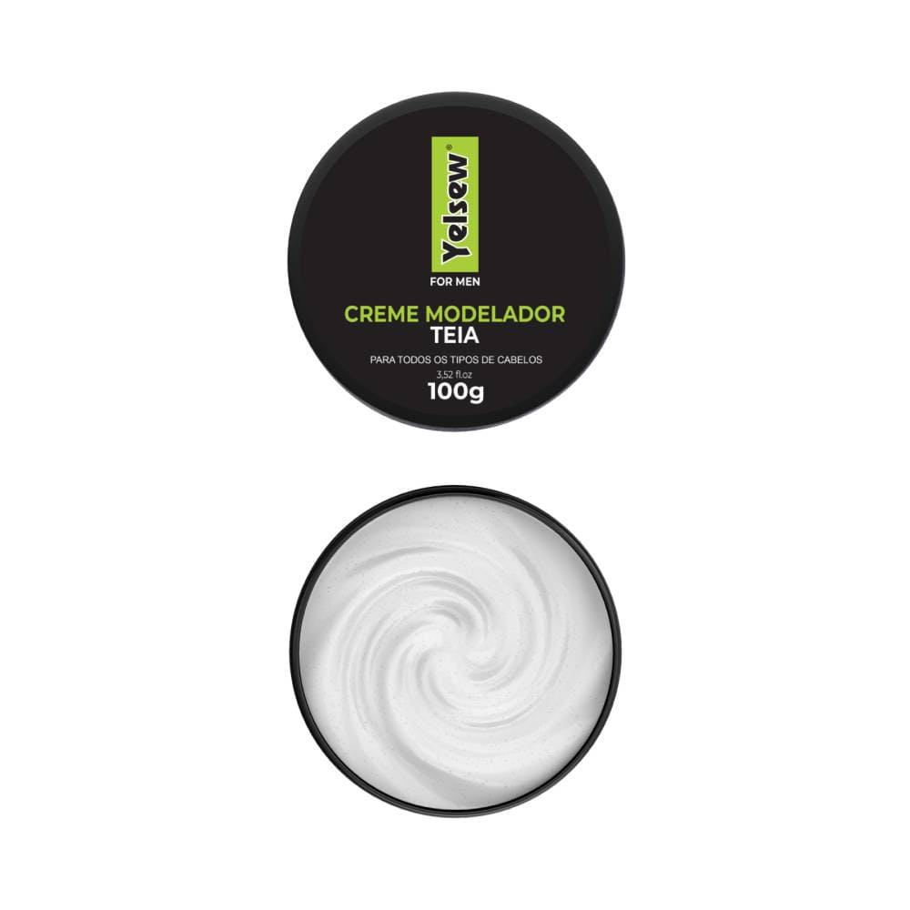 Imagem superior da embalagem aberta do Creme Modelador Yelsew Teia 100g mostrando o creme branco com textura suave