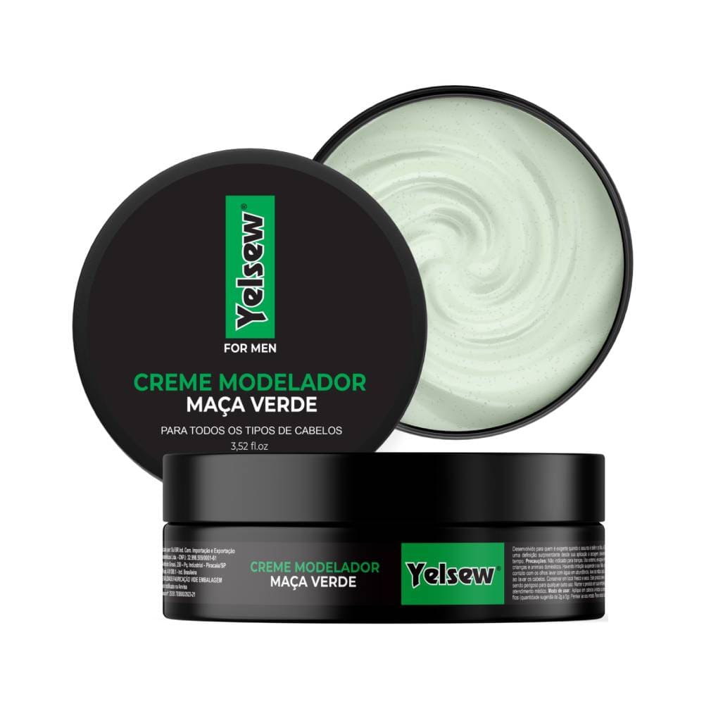 Creme Capilar Modelador Yelsew Maçã Verde em pote preto aberto mostrando creme verde claro
