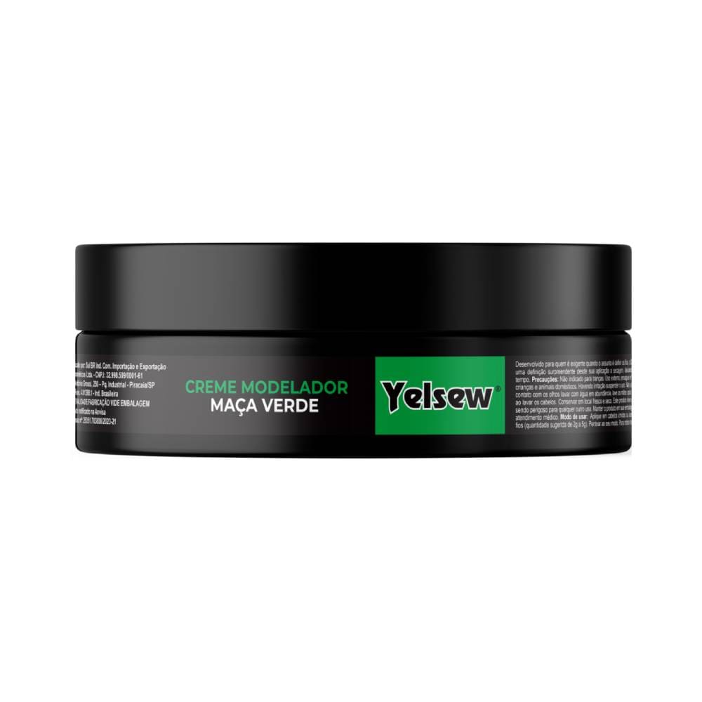 Pote preto do creme modelador Yelsew Maçã Verde com rótulo verde e branco
