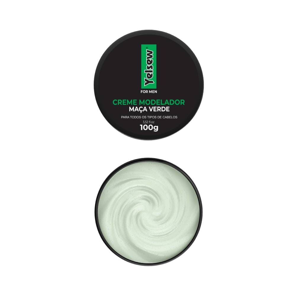 Tampa preta do creme modelador Yelsew Maçã Verde com logo e texto indicativo