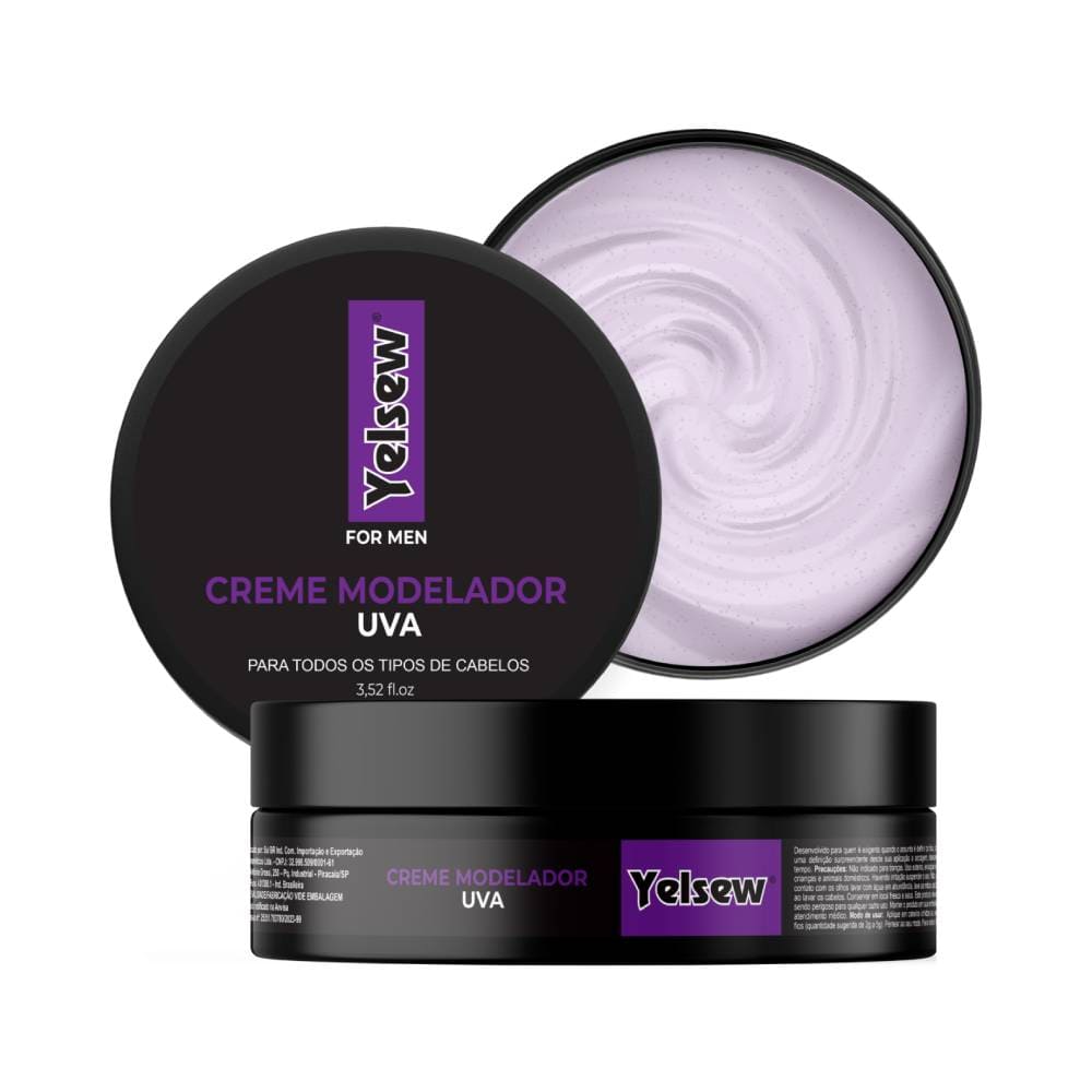 Creme Modelador Capilar Yelsew Uva 100g com embalagem preta e detalhes em roxo