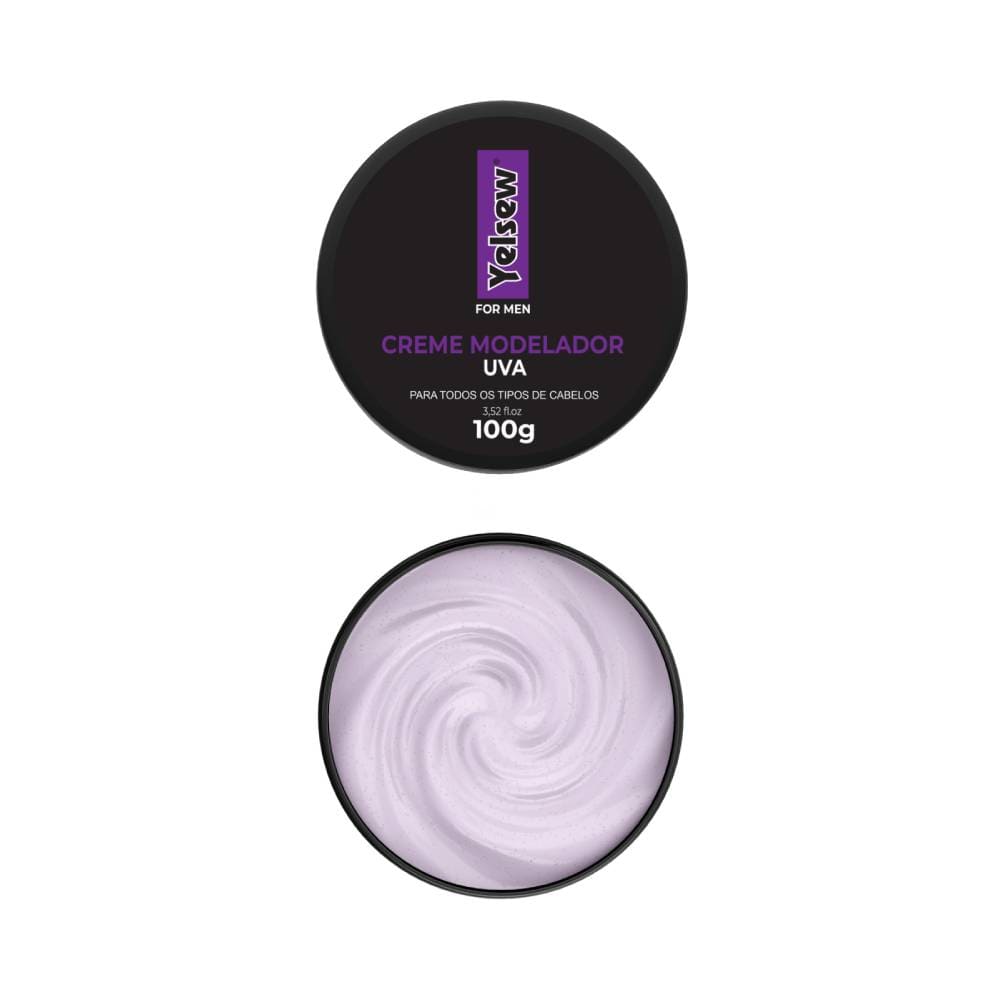 Vista superior do Creme Modelador Capilar Yelsew Uva 100g com tampa aberta mostrando textura cremosa