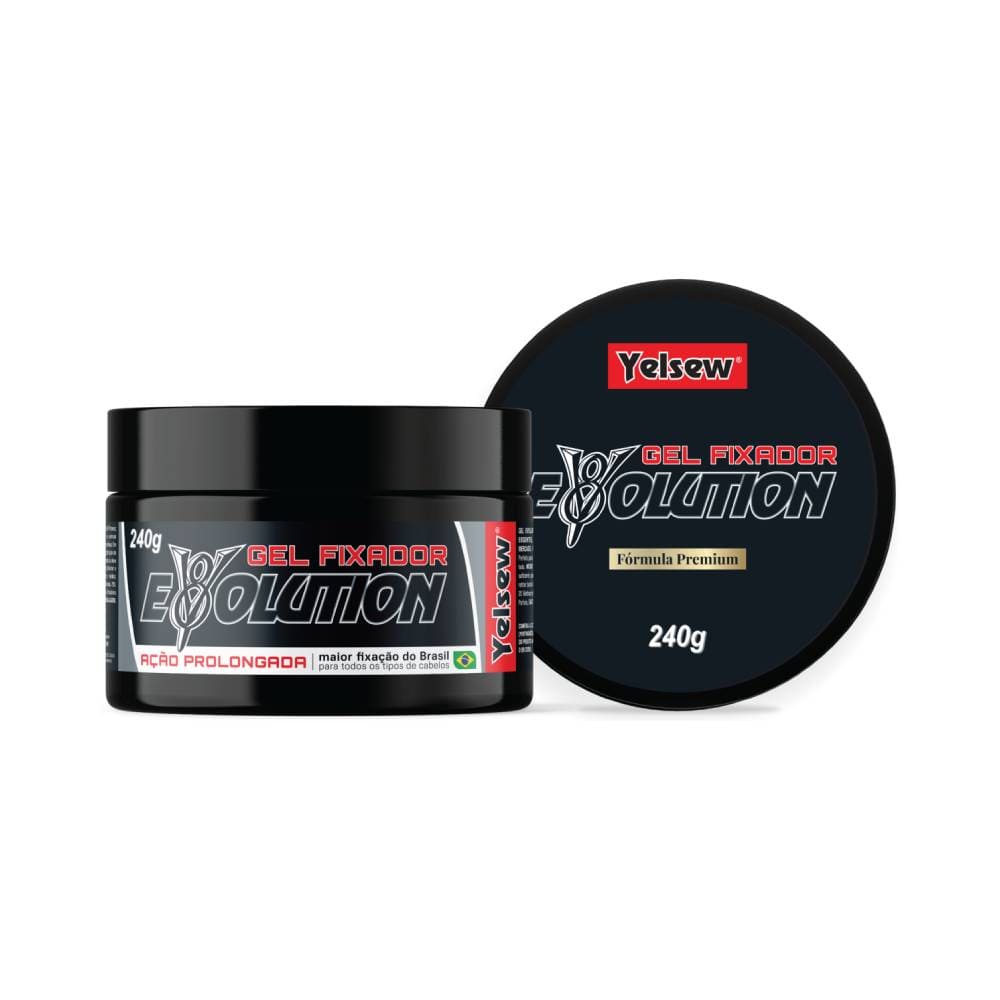 Gel Fixador Yelsew Evolution 240g com tampa preta ao lado, vista frontal e superior