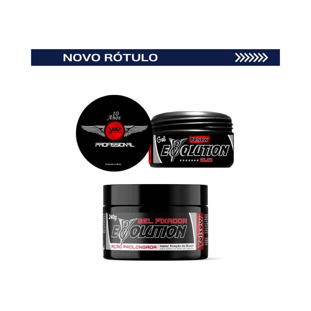 Três potes do Gel Fixador Yelsew Evolution 240g mostrando rótulos antigos e novos