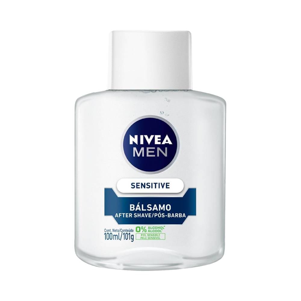 Frasco de bálsamo pós-barba Nivea Men Sensitive de 100ml, com rótulo azul e branco, fundo transparente