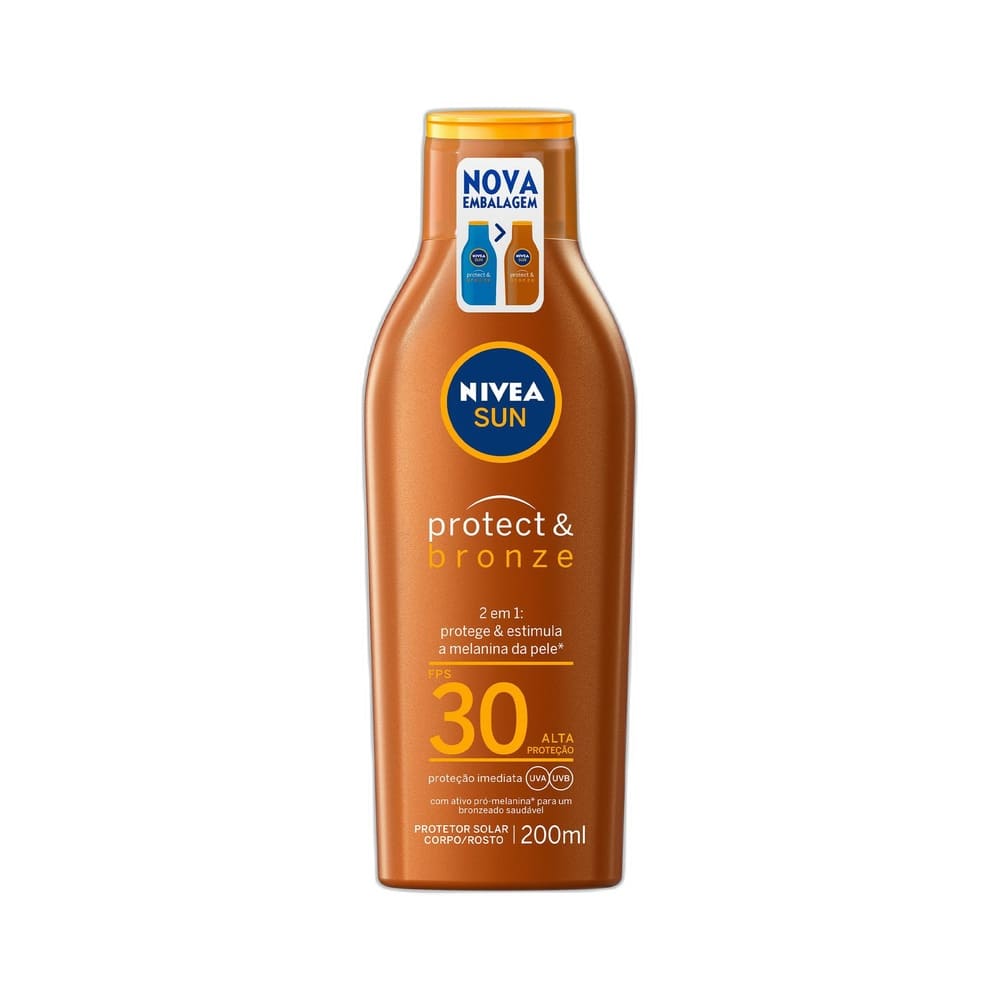 Frasco de protetor solar NIVEA SUN Protect & Bronze FPS30, cor laranja, com tampa dourada