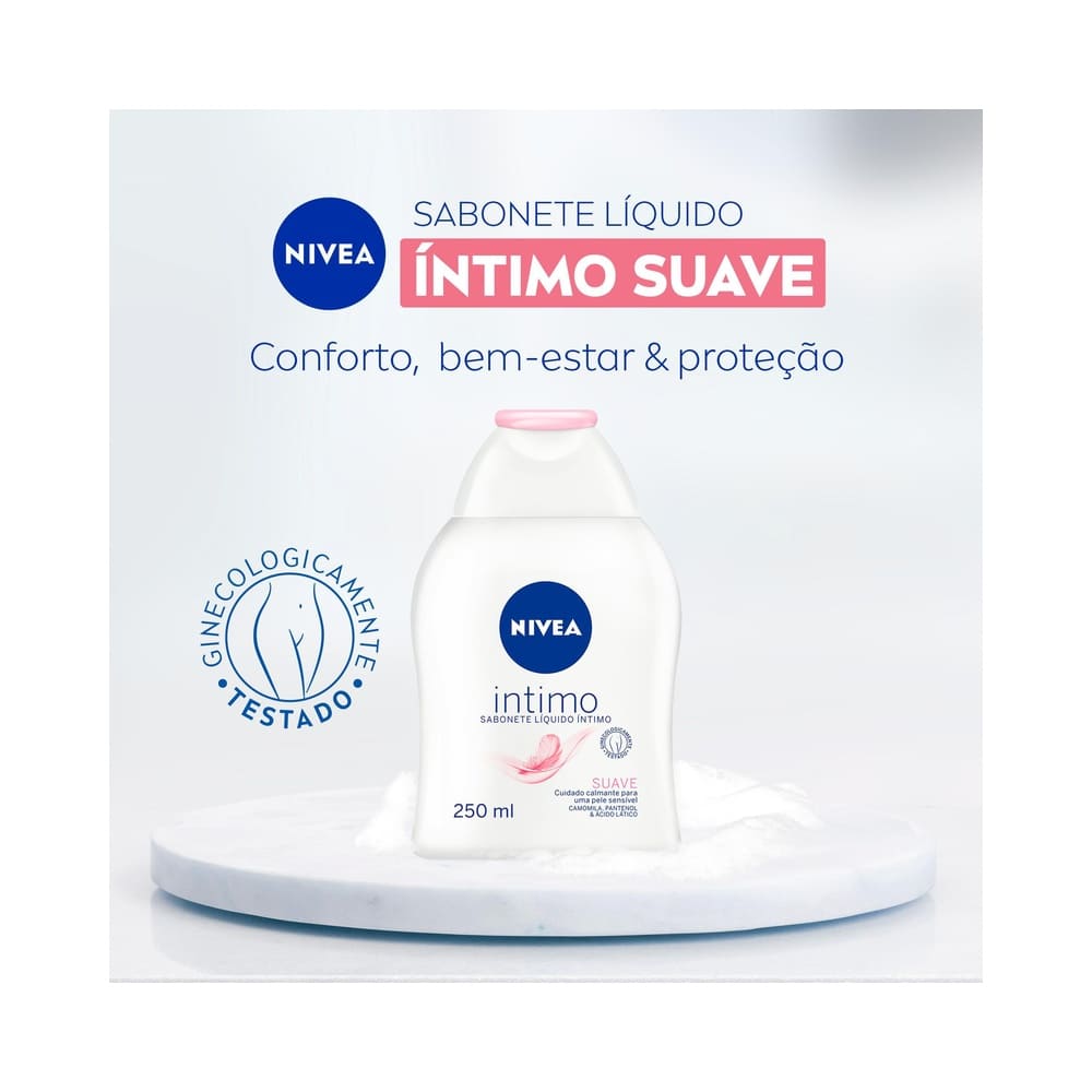 Frasco de Sabonete Líquido Nivea Íntimo Suave 250ml em fundo branco, com rótulos visíveis