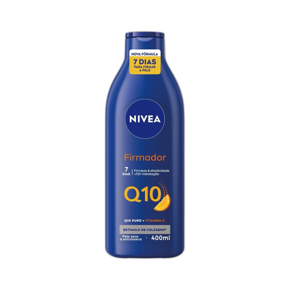 Loção Hidratante Nivea Firmador Q10 + Vitamina C Pele Seca 400ml em embalagem azul com texto branco e amarelo