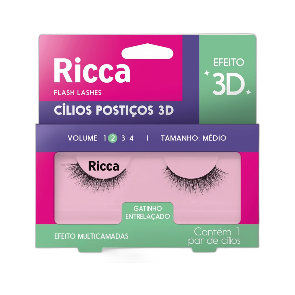Embalagem dos Cílios Postiços Ricca Efeito 3D Volume 02 Médio com fundo rosa, verde e roxo