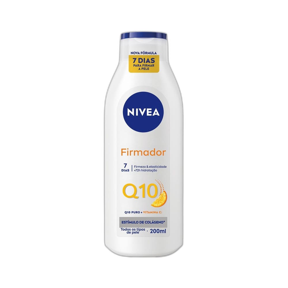 Frasco branco da Loção Hidratante Nivea Firmador Q10 com tampa azul e rótulo destacando 200ml