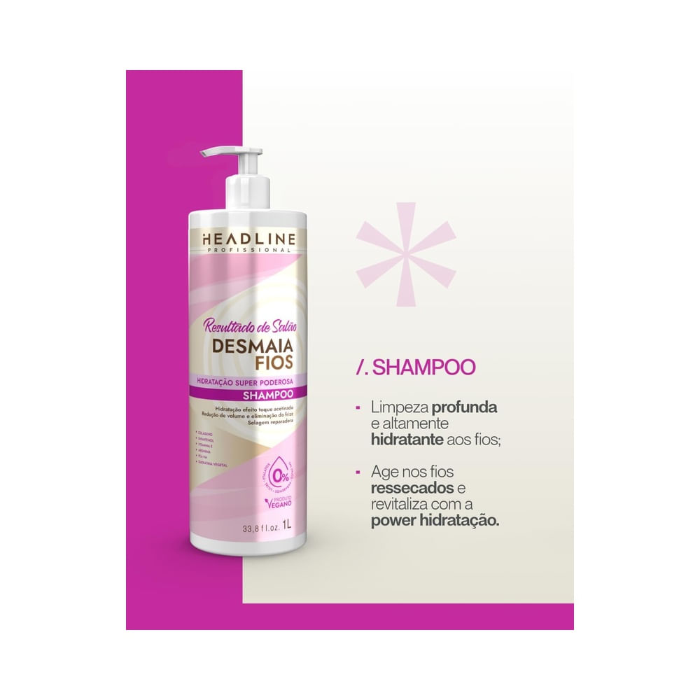 Frasco de 1 litro do Shampoo Headline Professional Desmaia Fios com pump branco