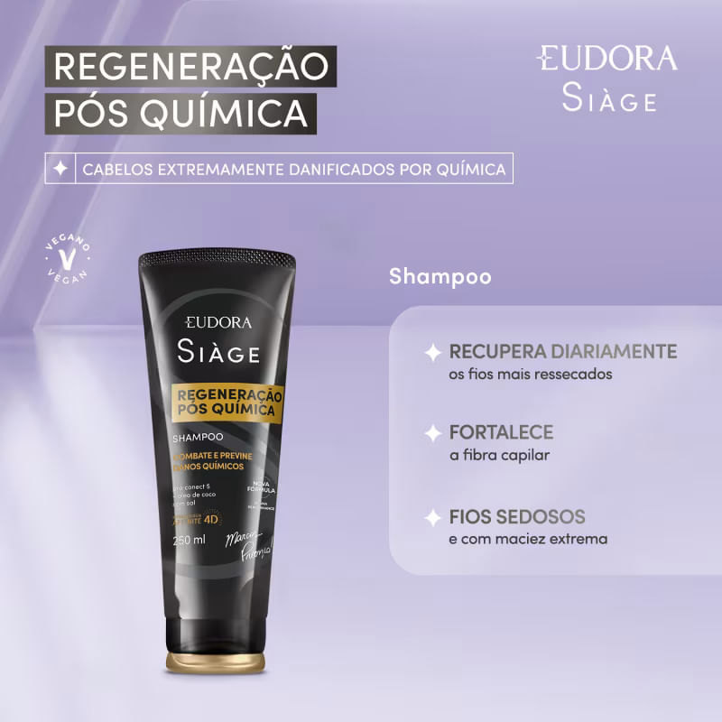 Frasco do Shampoo Siàge Expert Regeneração Pós Química sem Sal 250ml em fundo branco.