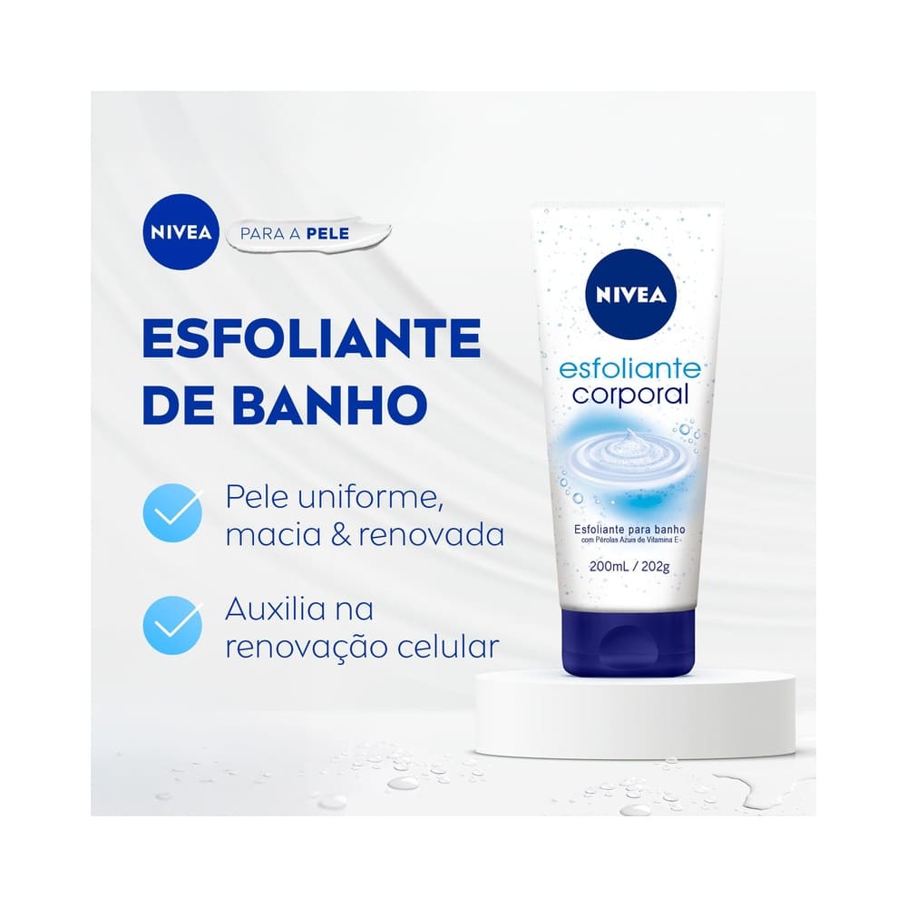 Tubo do Esfoliante Corporal Nivea Banho 200ml com tampa azul e detalhes do produto