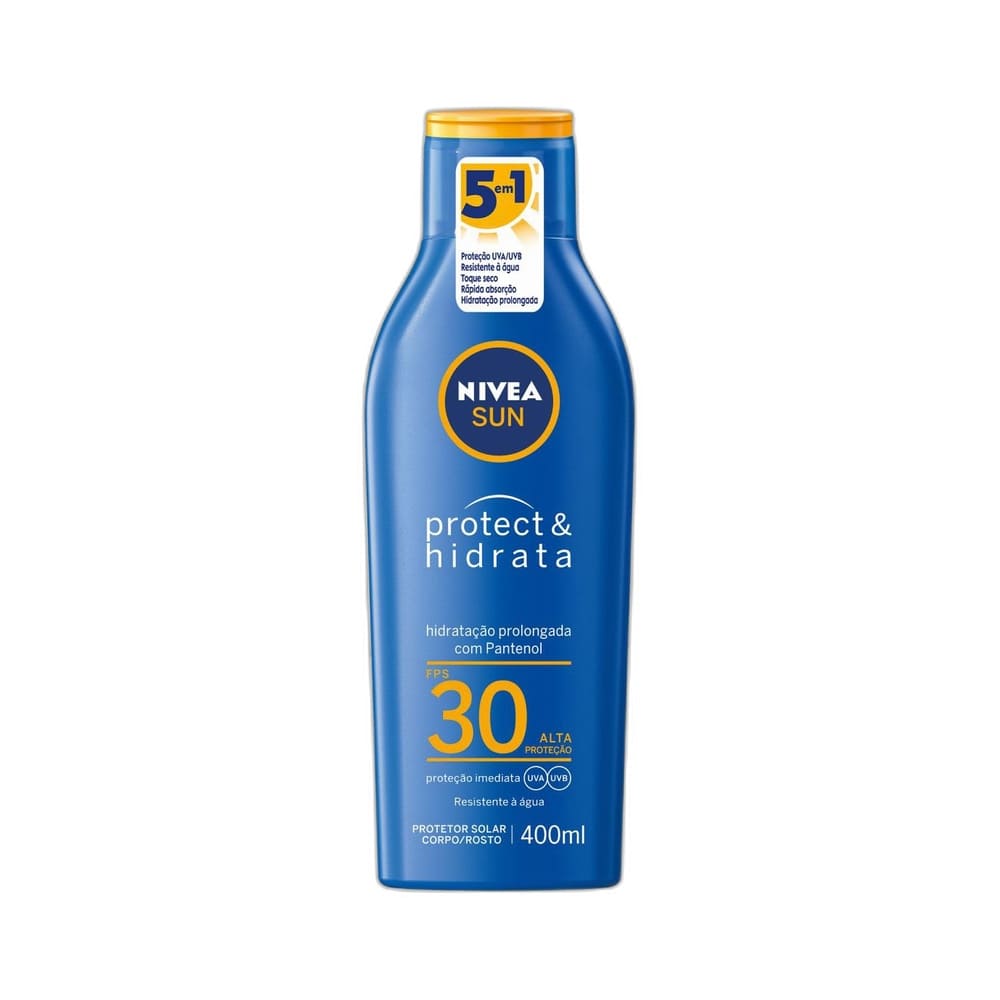 Frasco de protetor solar Nivea Sun Protect & Hidrata FPS30 400ml em fundo branco