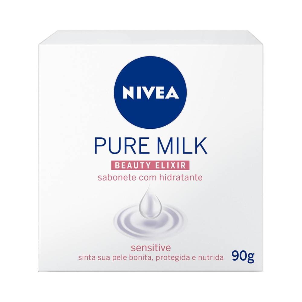 Embalagem do sabonete em barra Nivea Pure Milk Sensitive 90g em fundo branco