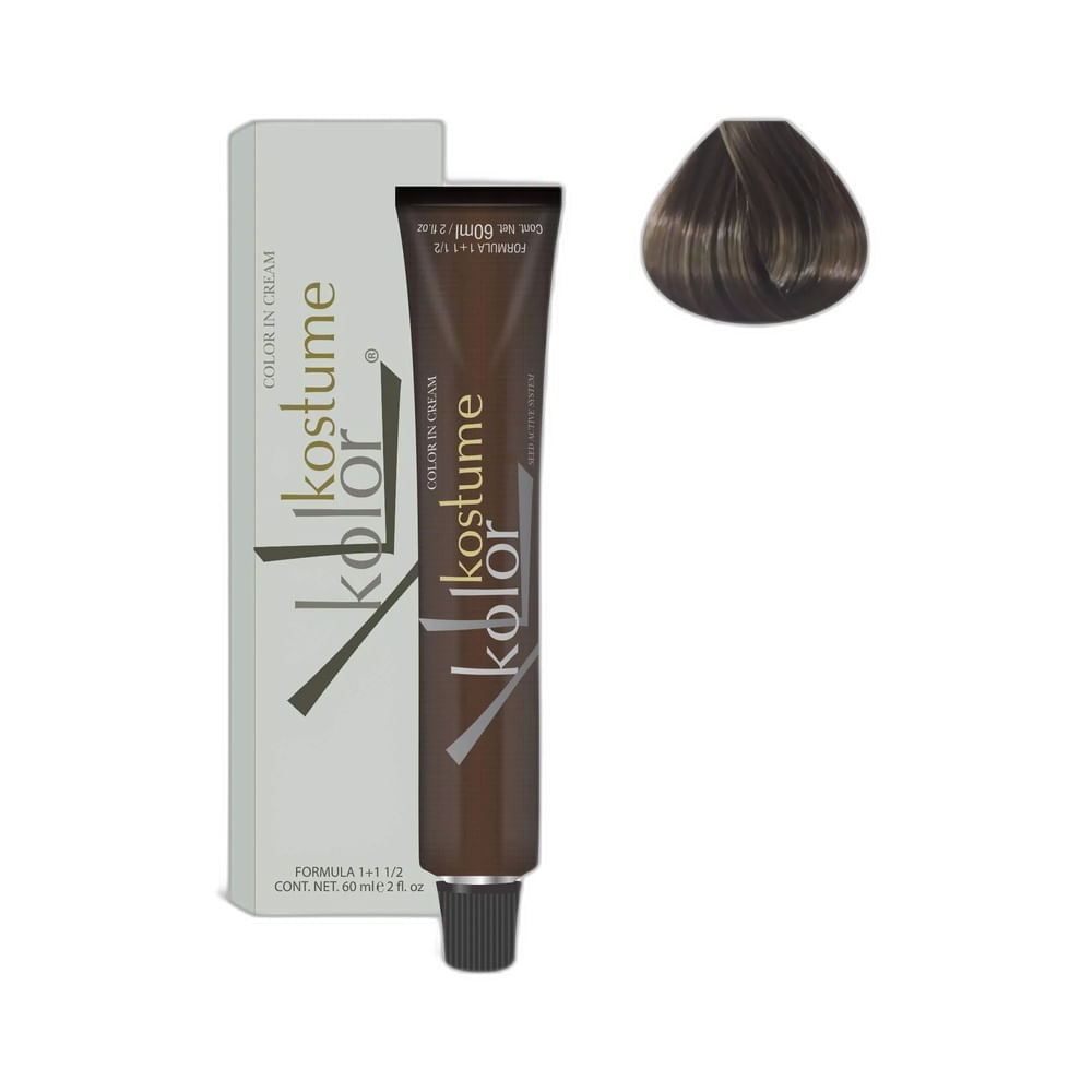 Coloração Kostume Kolor 7 Loiro Médio com embalagem e amostra de cabelo tingido