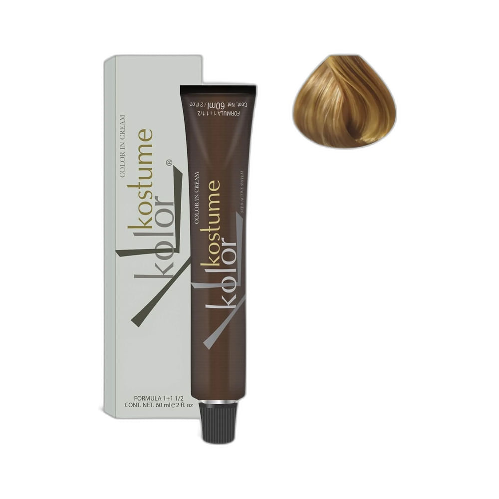 Coloração Kostume Kolor 8.3 Loiro Claro Dourado embalagem e amostra da cor
