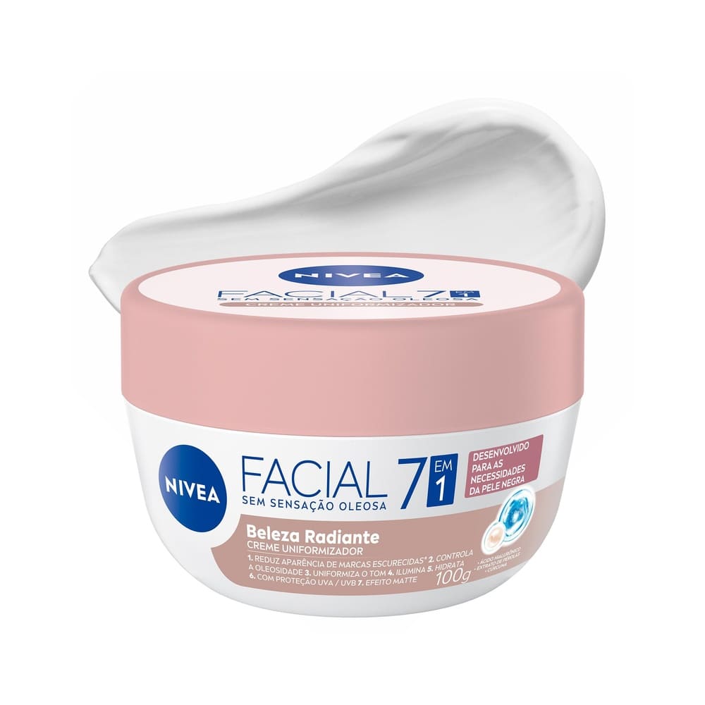 Creme facial Nivea Uniformizador Beleza Radiante 7 em 1 100g em recipiente branco e rosa