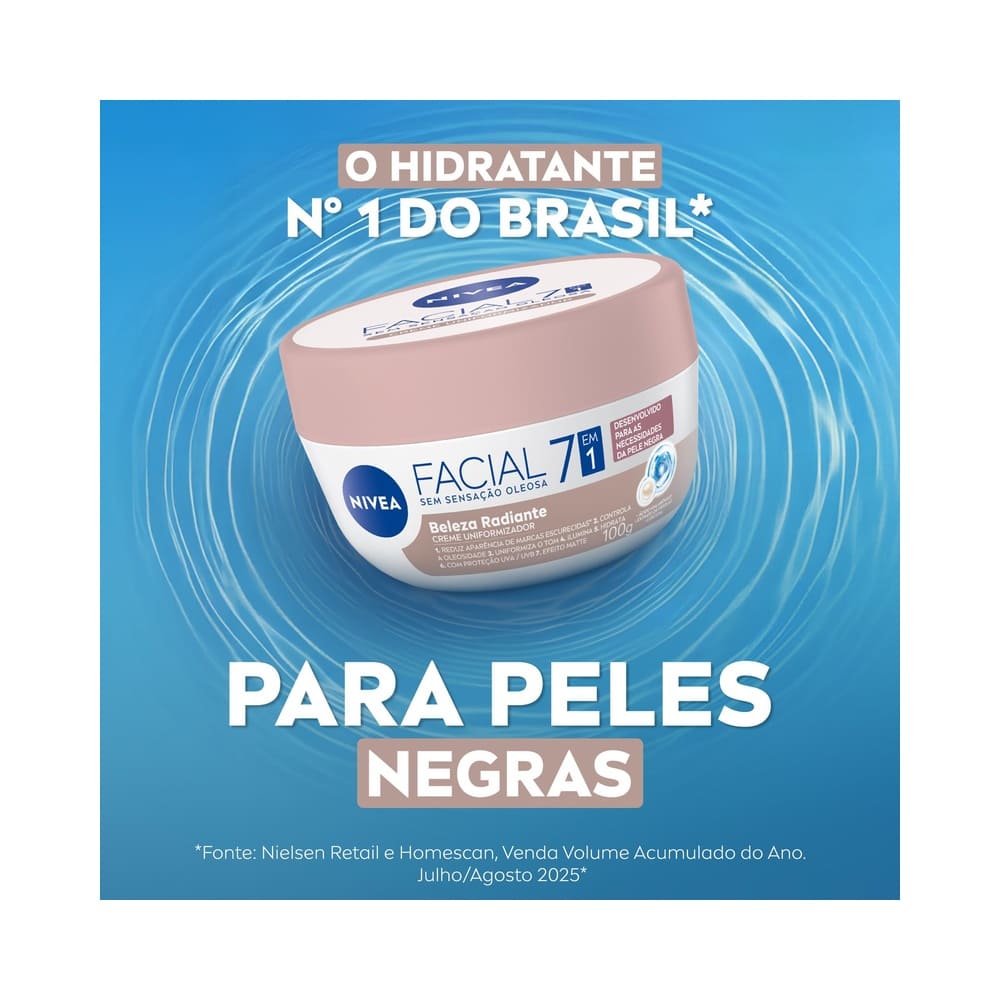 Creme facial Nivea Uniformizador Beleza Radiante 7 em 1 100g em recipiente branco e rosa fundo azul