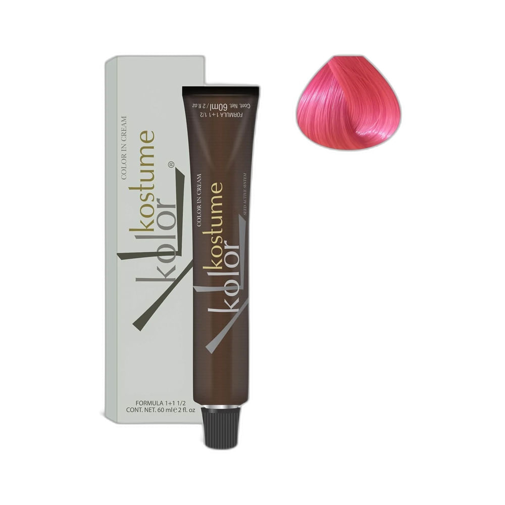 Imagem do produto coloração capilar Kostume Kolor Crazy Color Aquarela Pink Neon com tubo e caixa ao lado de mecha rosa neon