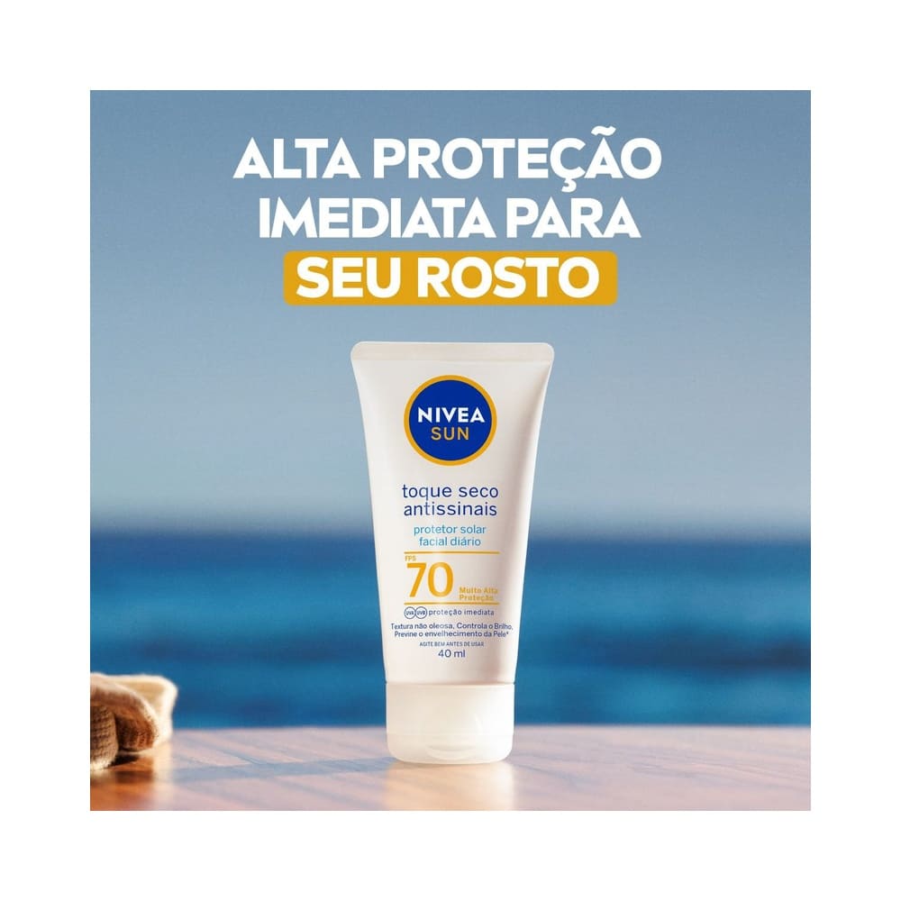 Protetor Solar Facial Nivea Sun Toque Seco Antissinais FPS70 40ml em ângulo frontal com destaque para alta proteção imediata