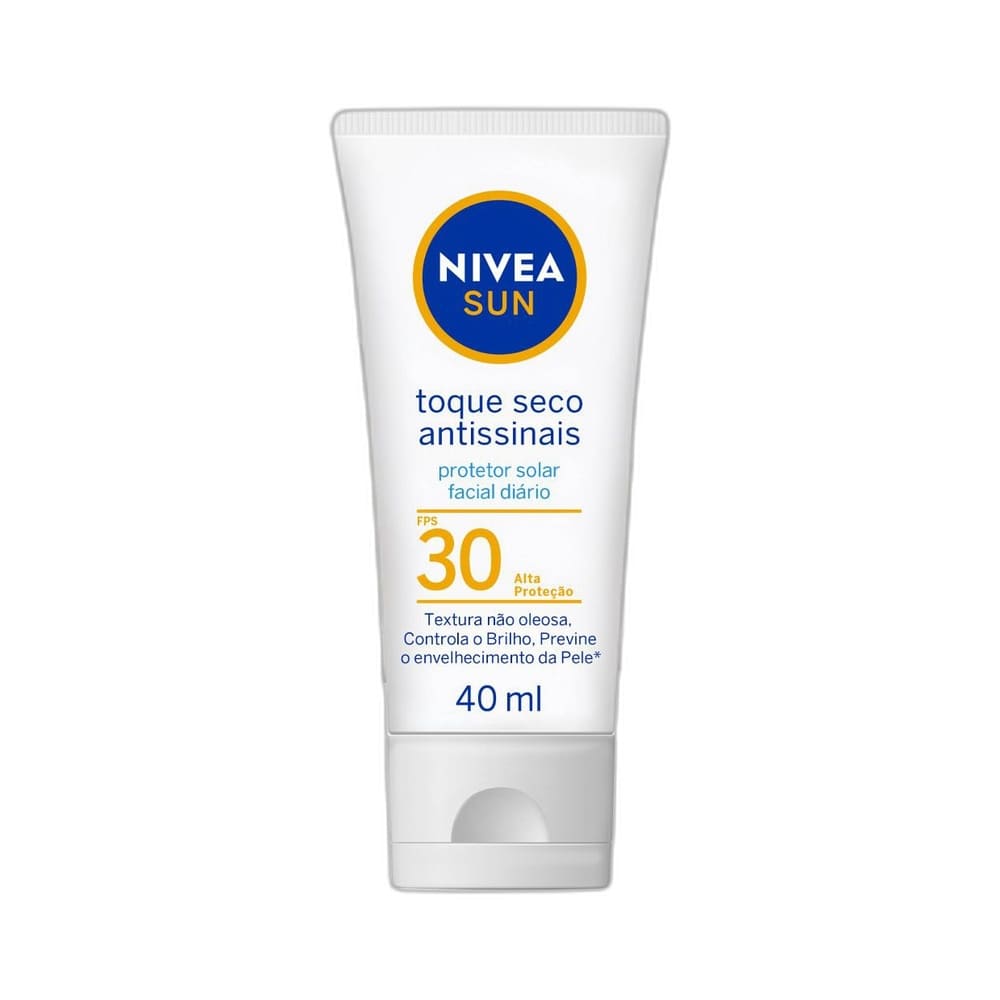 Protetor solar facial Nivea Sun Toque Seco Antissinais FPS 30 em tubo branco com detalhes em azul e amarelo