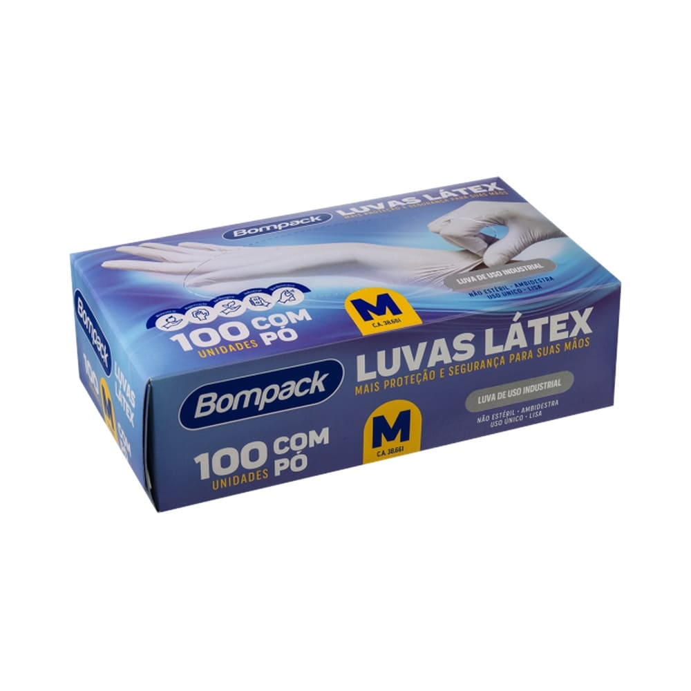 Embalagem de luvas de látex Bompack com pó, 100 unidades, tamanho M