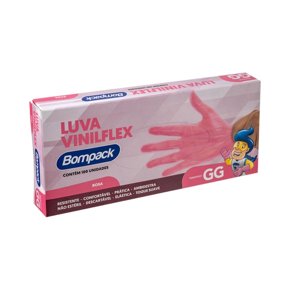 Embalagem da Luva Bompack Vinilflex Sem Pó Rosa com 100 unidades tamanho GG