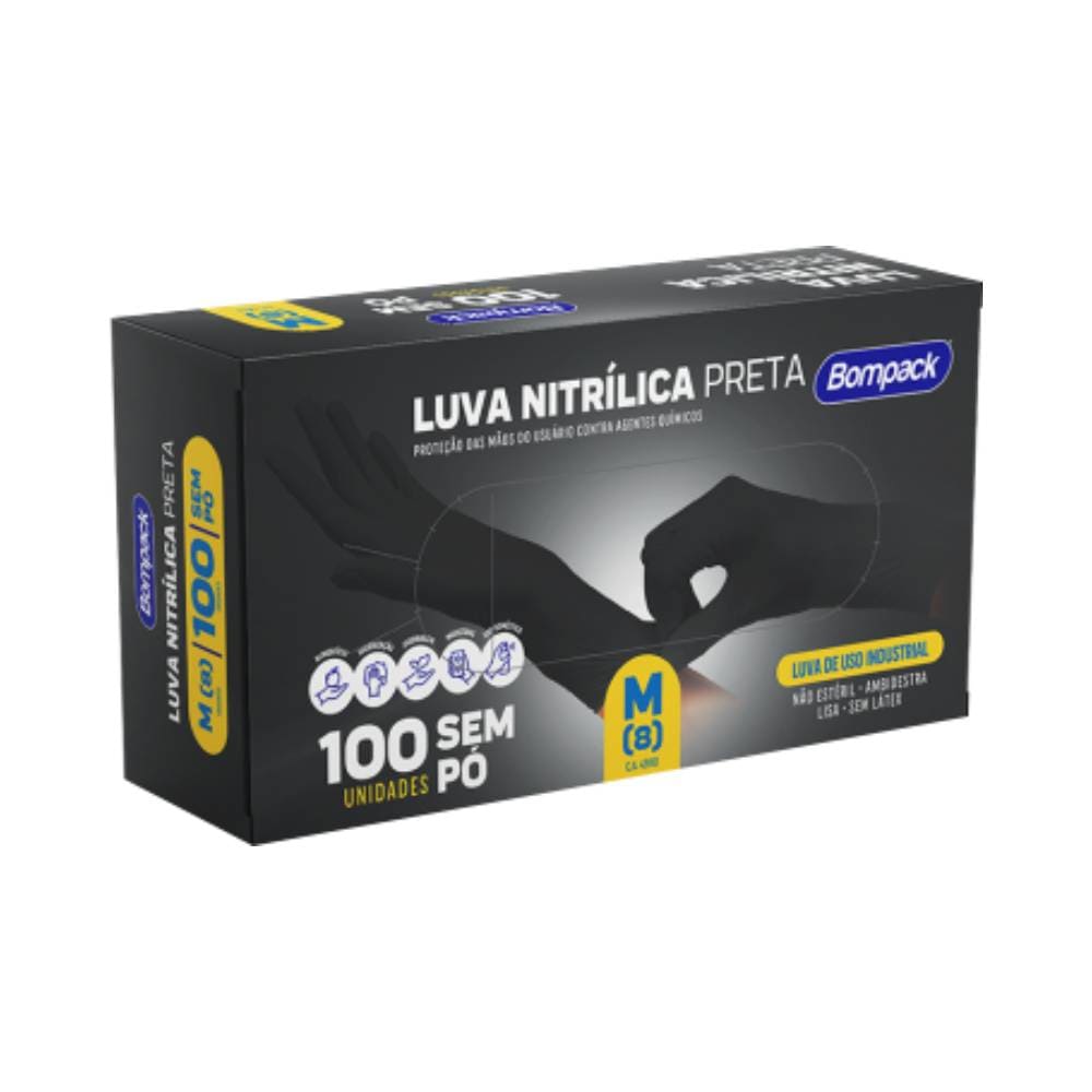 Embalagem preta da Luva Nitrílica Bompack contendo 100 unidades tamanho M