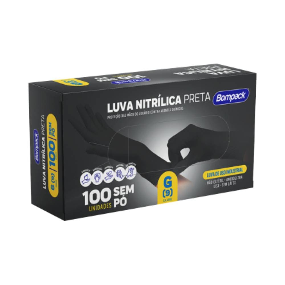 Embalagem com 100 unidades de luvas nitrílicas pretas tamanho G
