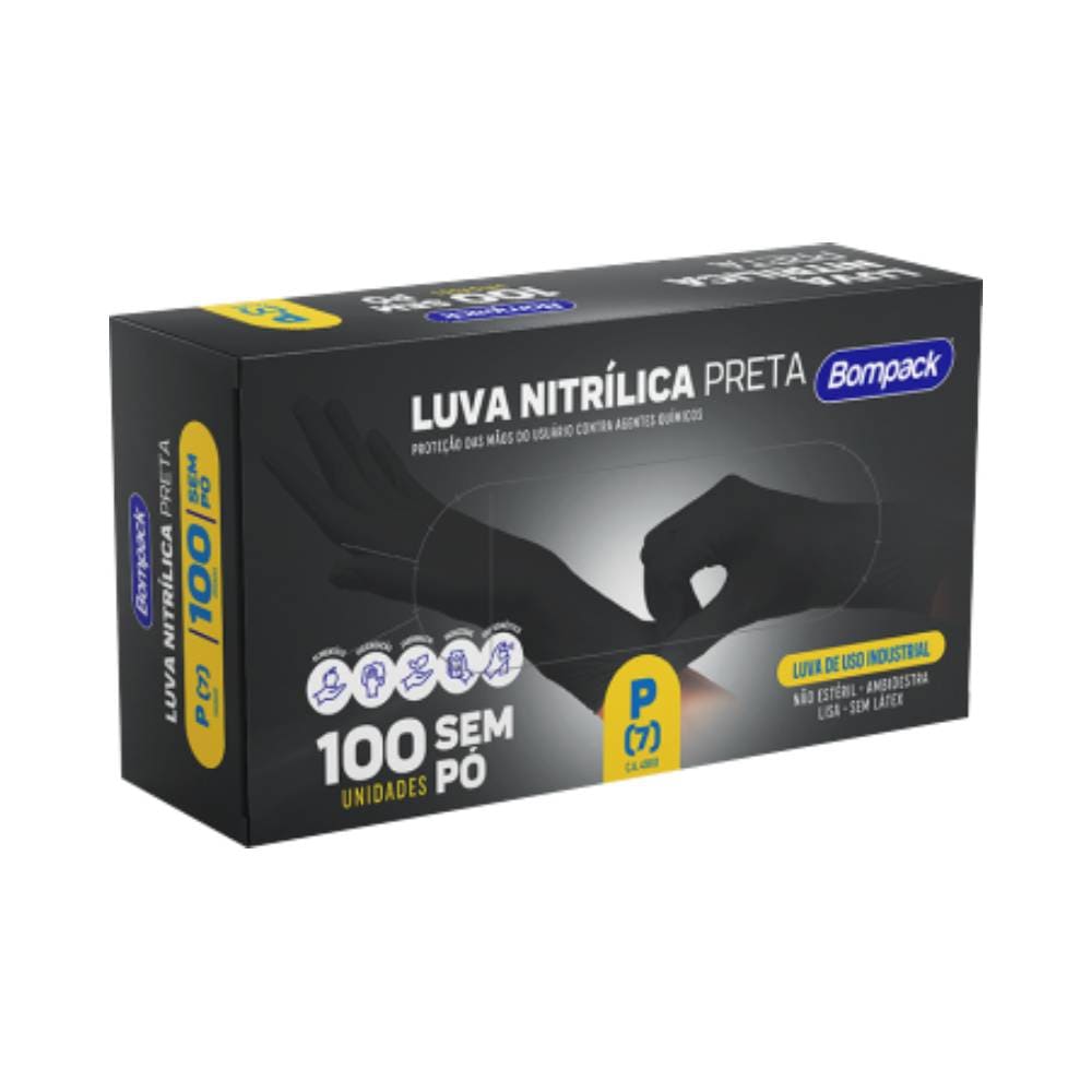Embalagem da Luva Bompack Nitrílica Preta tamanho P com 100 unidades