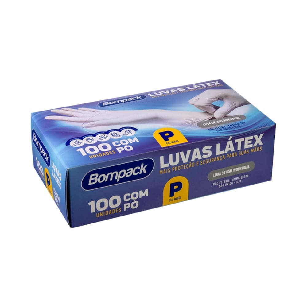 Embalagem de luvas de látex Bompack tamanho P com 100 unidades, caixa azul com detalhes em branco e amarelo