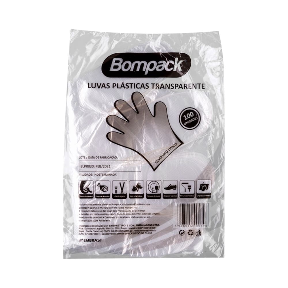 Embalagem de luvas plásticas descartáveis transparentes Bompack com 100 unidades