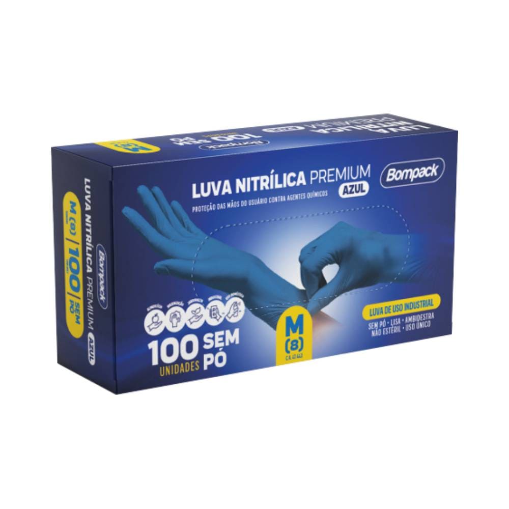 Embalagem da Luva Nitrílica Bompack Azul M com 100 unidades