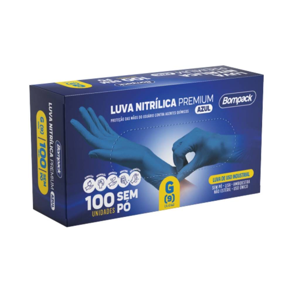 Embalagem frontal da Luva Bompack Nitrílica Sem Pó Azul G 100 unidades