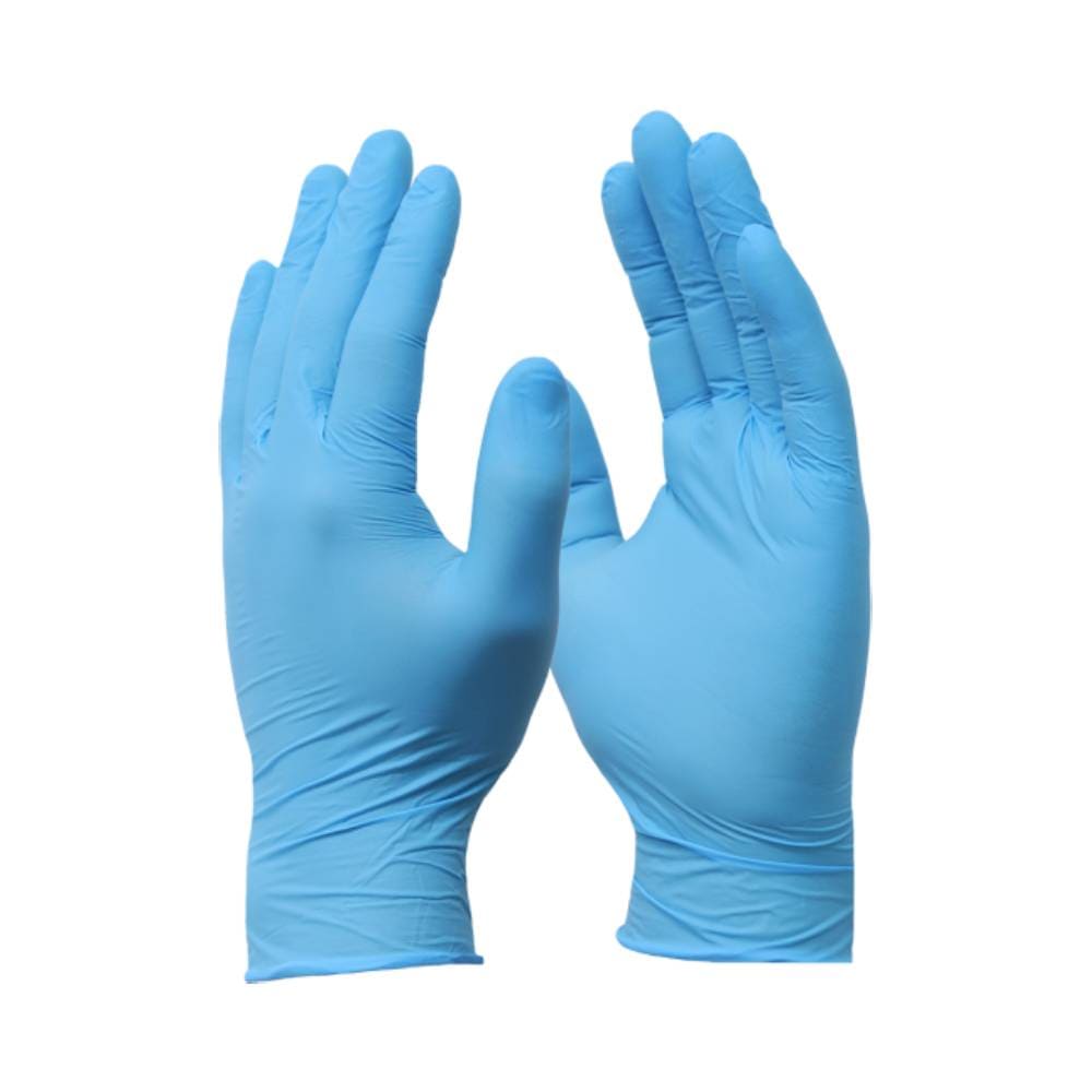 Caixa azul de luvas nitrílicas Bompack sem pó tamanho P em fundo branco.