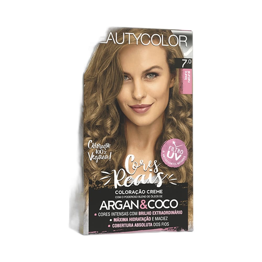 Frente da embalagem da Coloração Beauty Color Cores Reais 7.0 Louro Natural.