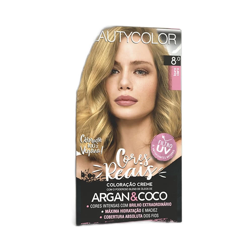 Embalagem da Coloração Beauty Color 8.0 Louro Claro destacando tecnologia e cor.