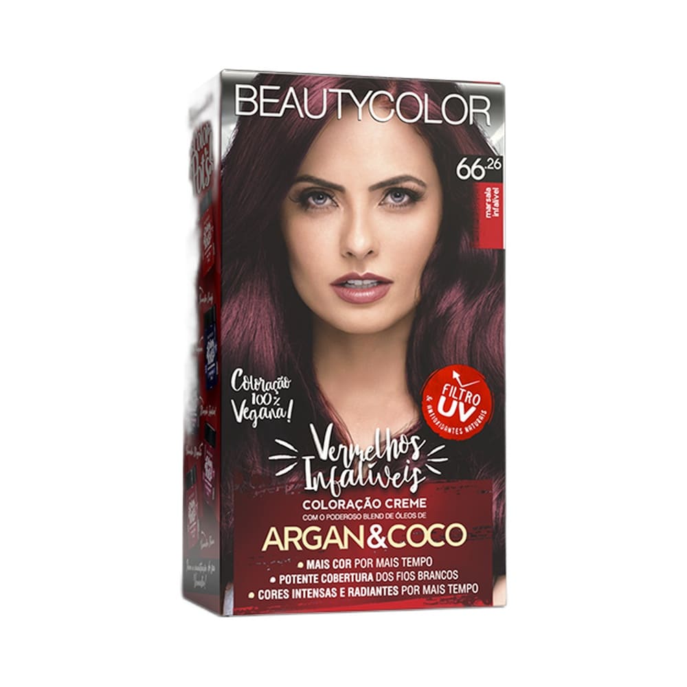 Detalhe da embalagem da Coloração Beauty Color Vermelhos Infalíveis 66.26 Marsala Infalível