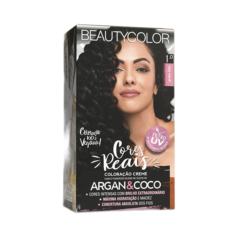 Lado da embalagem da Coloração Beauty Color 1.0 Preto Ônix destacando benefícios.