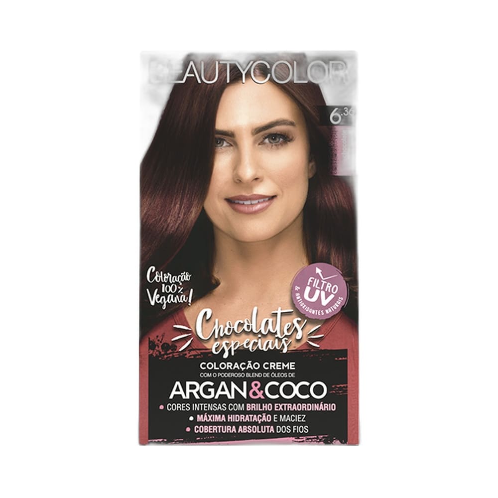 Embalagem da Coloração Beauty Color Chocolates Especiais 6.36 Chocolate Mauve em fundo branco.