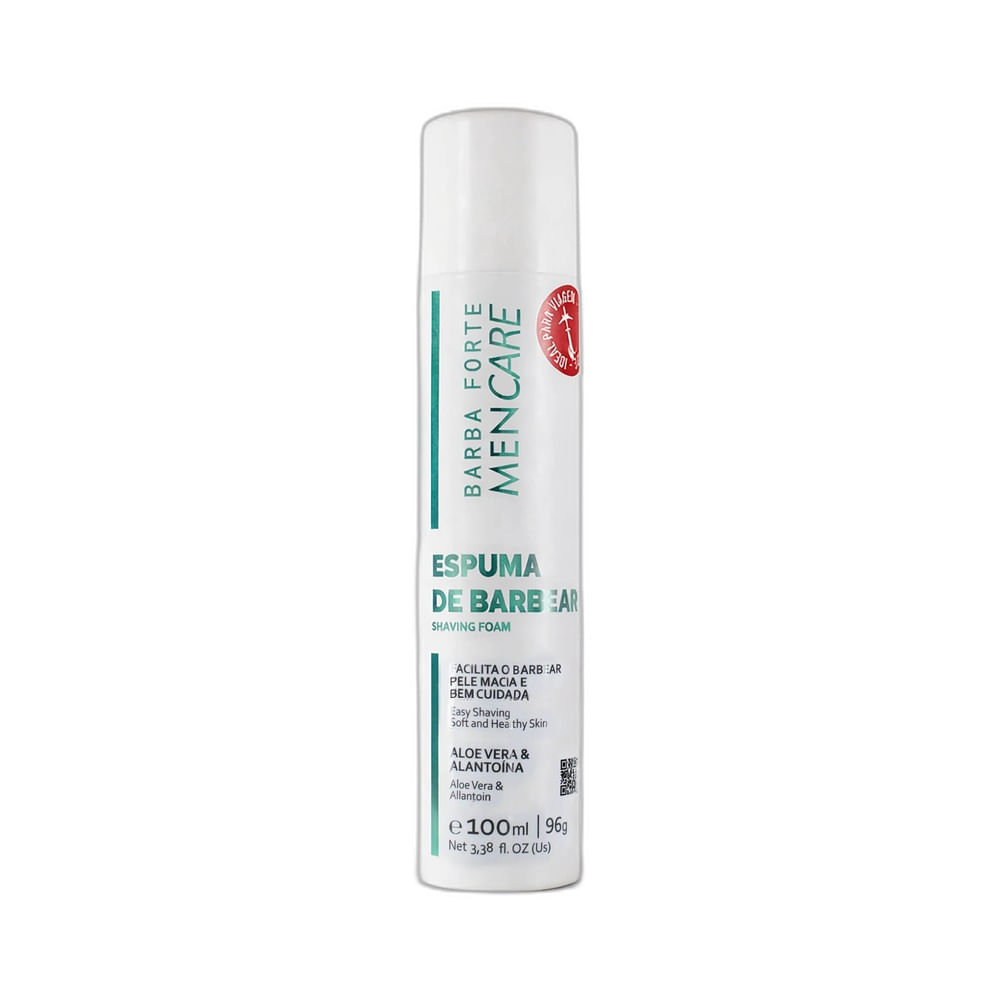 Espuma de Barbear Barba Forte Men Care 100ml em embalagem cilíndrica branca com detalhes verdes
