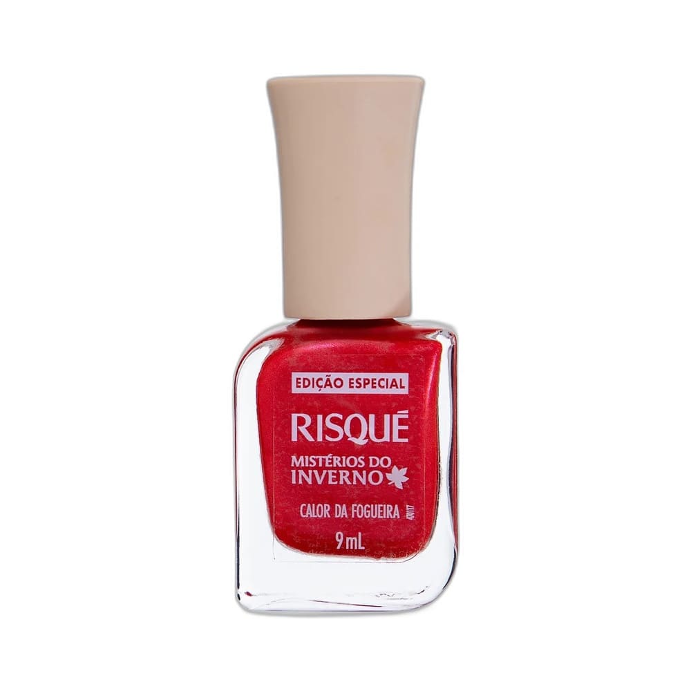 Esmalte Risqué Mistérios do Inverno Calor da Fogueira Metálico em frasco transparente com tampa rosê, visto de frente.