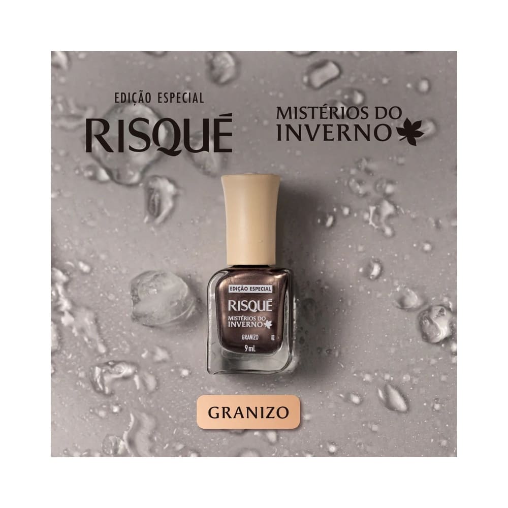 Frasco do Esmalte Risqué Mistérios do Inverno Granizo Metálico em fundo branco.