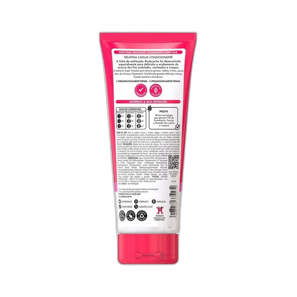 Gelatina Salon Line #Todecacho Super Fixação 200g destacando rótulo em fundo branco.
